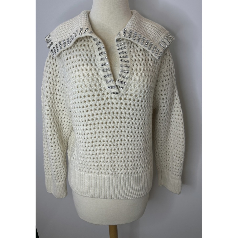 SANDRO Ursule Open Knit Sweater Chunky Pullover Rhinestone Wool Size 2 US M 6 - Picture 2 of 16